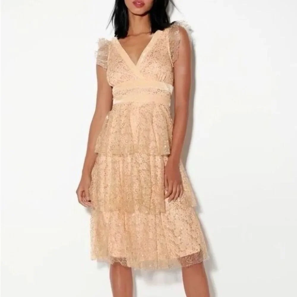 Lulus Stunning Love Nude and Gold Glitter Tiered Midi Dress Size Small